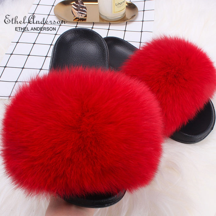 ETHEL ANDERSON 2020 Real Fox Raccoon Fur Slippers Slides Lady Retro Summer Newest Flip Flops Casual Fluffy Fur Sandals  Shoes