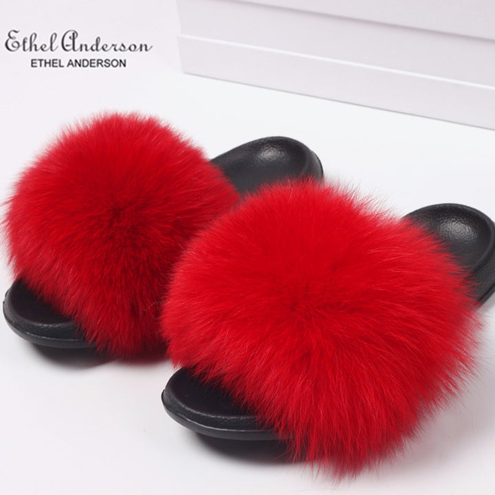ETHEL ANDERSON 2020 Real Fox Raccoon Fur Slippers Slides Lady Retro Summer Newest Flip Flops Casual Fluffy Fur Sandals  Shoes