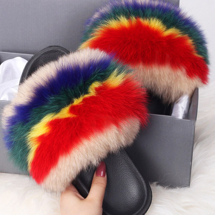 ETHEL ANDERSON 2020 Real Fox Raccoon Fur Slippers Slides Lady Retro Summer Newest Flip Flops Casual Fluffy Fur Sandals  Shoes
