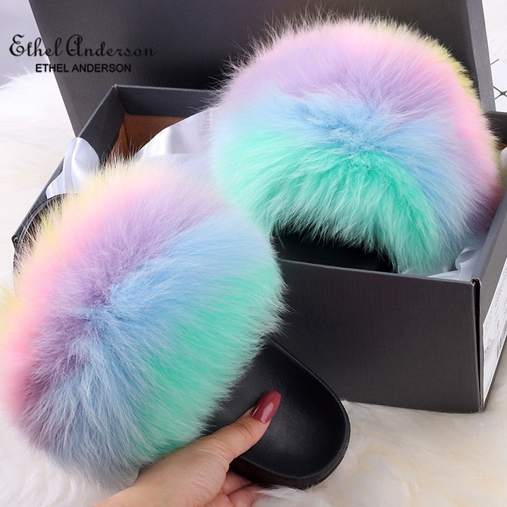 ETHEL ANDERSON 2020 Real Fox Raccoon Fur Slippers Slides Lady Retro Summer Newest Flip Flops Casual Fluffy Fur Sandals  Shoes