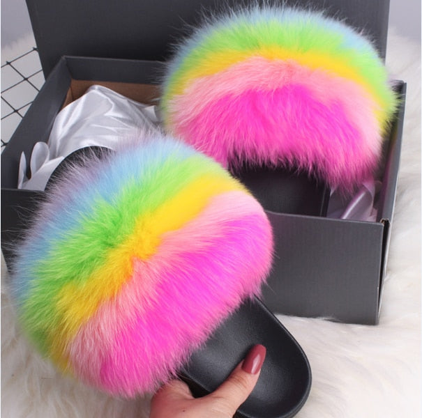 ETHEL ANDERSON 2020 Real Fox Raccoon Fur Slippers Slides Lady Retro Summer Newest Flip Flops Casual Fluffy Fur Sandals  Shoes