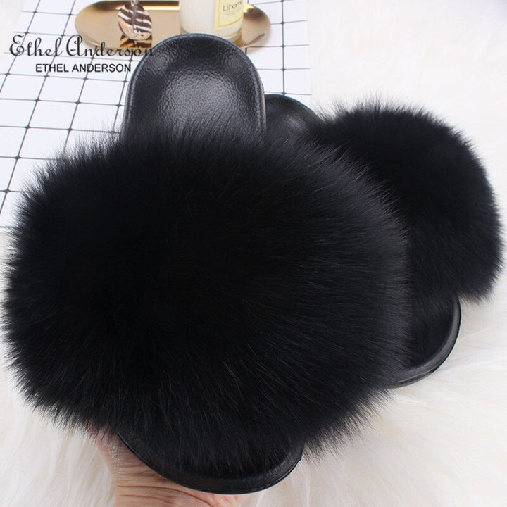 ETHEL ANDERSON 2020 Real Fox Raccoon Fur Slippers Slides Lady Retro Summer Newest Flip Flops Casual Fluffy Fur Sandals  Shoes