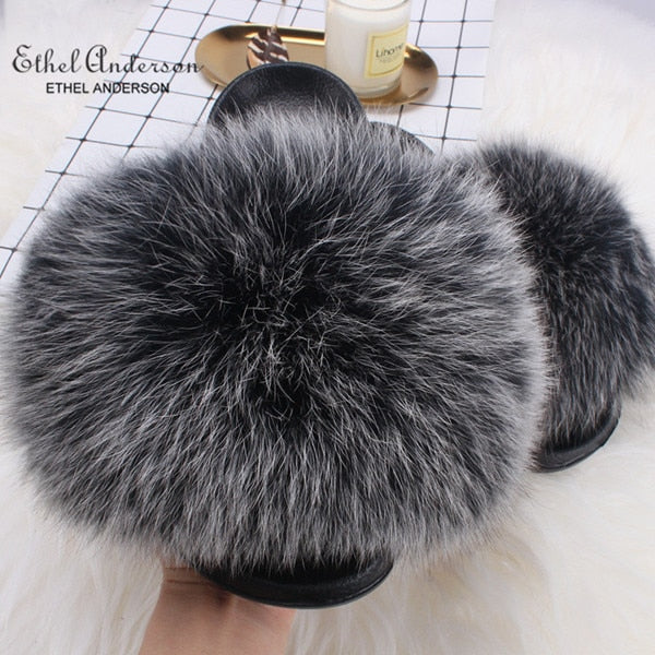 ETHEL ANDERSON 2020 Real Fox Raccoon Fur Slippers Slides Lady Retro Summer Newest Flip Flops Casual Fluffy Fur Sandals  Shoes