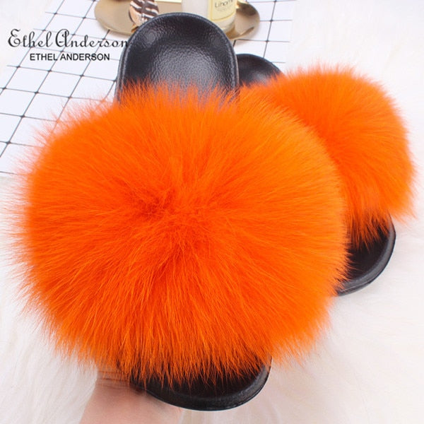 ETHEL ANDERSON 2020 Real Fox Raccoon Fur Slippers Slides Lady Retro Summer Newest Flip Flops Casual Fluffy Fur Sandals  Shoes