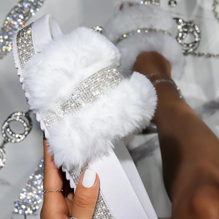 Luxury Designer Women Fur Rhinestone Slippers Platform Wedges Heel Solid Fluffy Furry Slides Outside Sexy Shoes Ladies Whosale