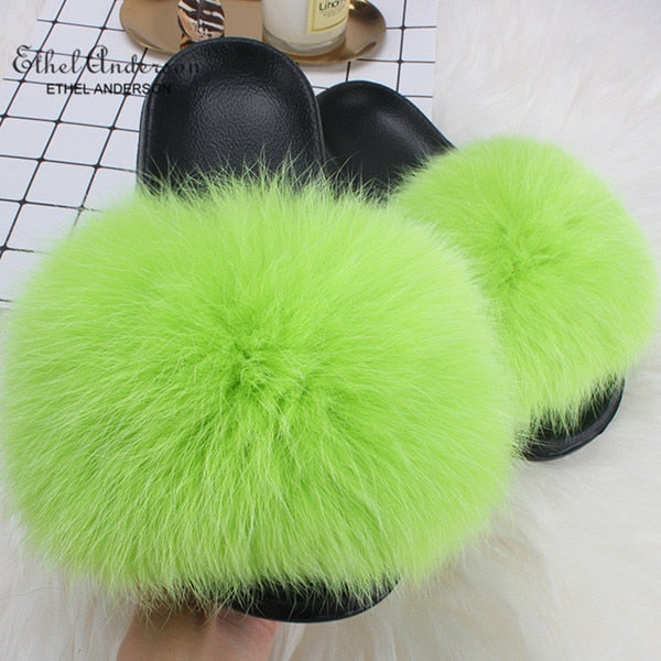 ETHEL ANDERSON 2020 Real Fox Raccoon Fur Slippers Slides Lady Retro Summer Newest Flip Flops Casual Fluffy Fur Sandals  Shoes