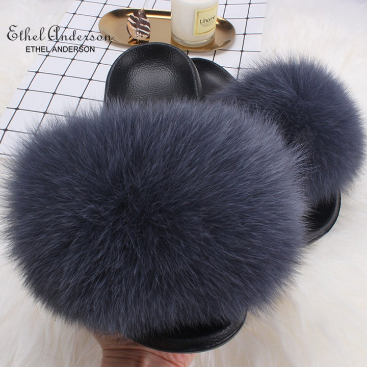 ETHEL ANDERSON 2020 Real Fox Raccoon Fur Slippers Slides Lady Retro Summer Newest Flip Flops Casual Fluffy Fur Sandals  Shoes