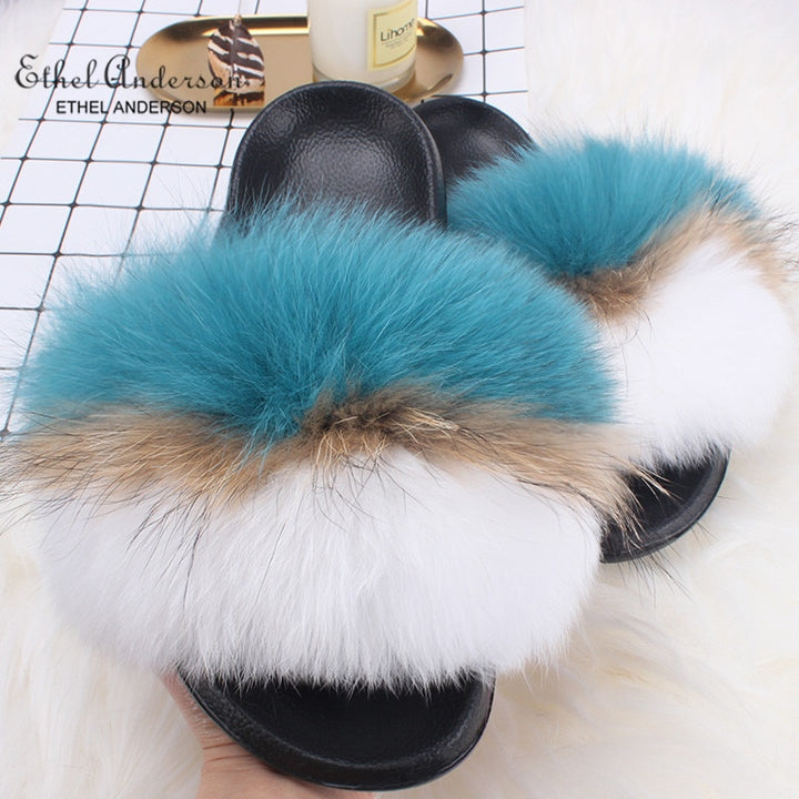 ETHEL ANDERSON 2020 Real Fox Raccoon Fur Slippers Slides Lady Retro Summer Newest Flip Flops Casual Fluffy Fur Sandals  Shoes