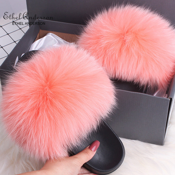 ETHEL ANDERSON 2020 Real Fox Raccoon Fur Slippers Slides Lady Retro Summer Newest Flip Flops Casual Fluffy Fur Sandals  Shoes