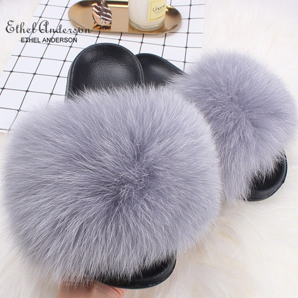 ETHEL ANDERSON 2020 Real Fox Raccoon Fur Slippers Slides Lady Retro Summer Newest Flip Flops Casual Fluffy Fur Sandals  Shoes