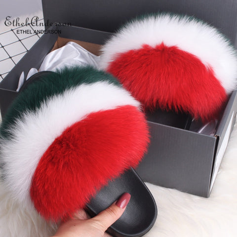 ETHEL ANDERSON 2020 Real Fox Raccoon Fur Slippers Slides Lady Retro Summer Newest Flip Flops Casual Fluffy Fur Sandals  Shoes