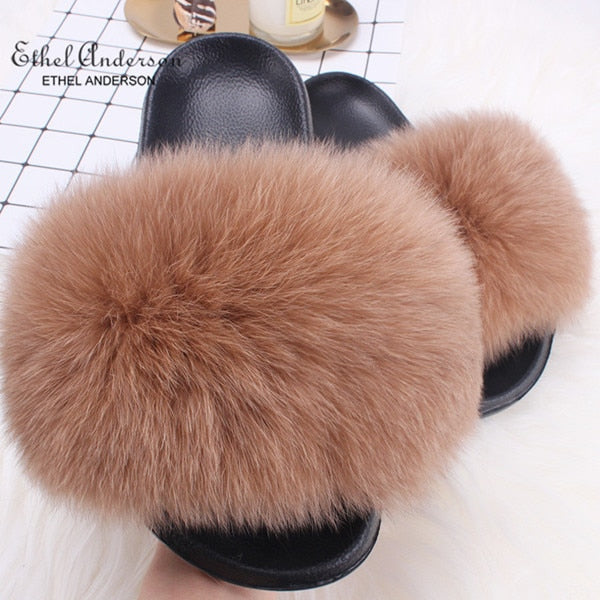 ETHEL ANDERSON 2020 Real Fox Raccoon Fur Slippers Slides Lady Retro Summer Newest Flip Flops Casual Fluffy Fur Sandals  Shoes