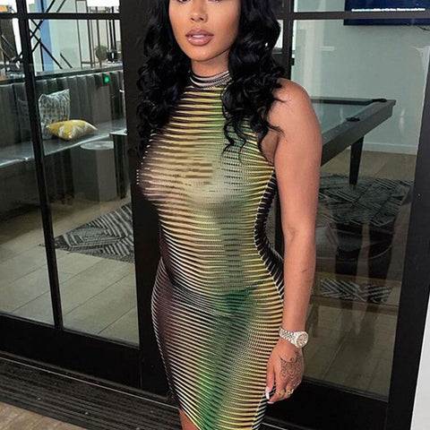 Stripe Printed O-neck Party Mini Dresse