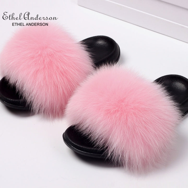 ETHEL ANDERSON 2020 Real Fox Raccoon Fur Slippers Slides Lady Retro Summer Newest Flip Flops Casual Fluffy Fur Sandals  Shoes