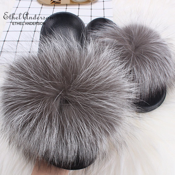 ETHEL ANDERSON 2020 Real Fox Raccoon Fur Slippers Slides Lady Retro Summer Newest Flip Flops Casual Fluffy Fur Sandals  Shoes