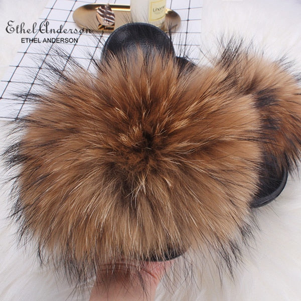 ETHEL ANDERSON 2020 Real Fox Raccoon Fur Slippers Slides Lady Retro Summer Newest Flip Flops Casual Fluffy Fur Sandals  Shoes