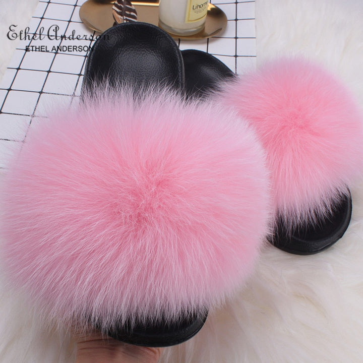 ETHEL ANDERSON 2020 Real Fox Raccoon Fur Slippers Slides Lady Retro Summer Newest Flip Flops Casual Fluffy Fur Sandals  Shoes
