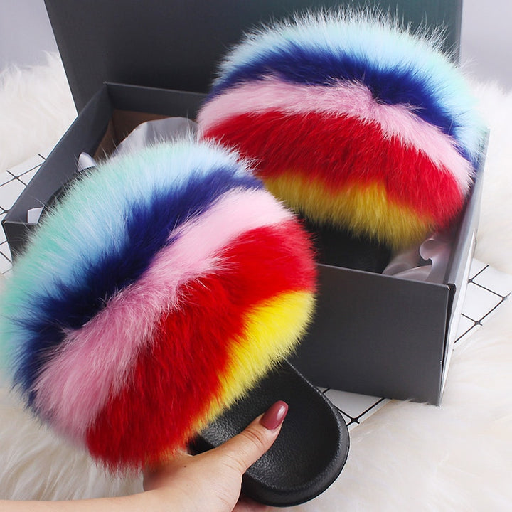 ETHEL ANDERSON 2020 Real Fox Raccoon Fur Slippers Slides Lady Retro Summer Newest Flip Flops Casual Fluffy Fur Sandals  Shoes