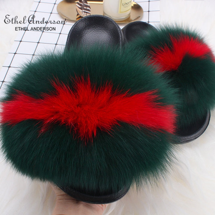 ETHEL ANDERSON 2020 Real Fox Raccoon Fur Slippers Slides Lady Retro Summer Newest Flip Flops Casual Fluffy Fur Sandals  Shoes