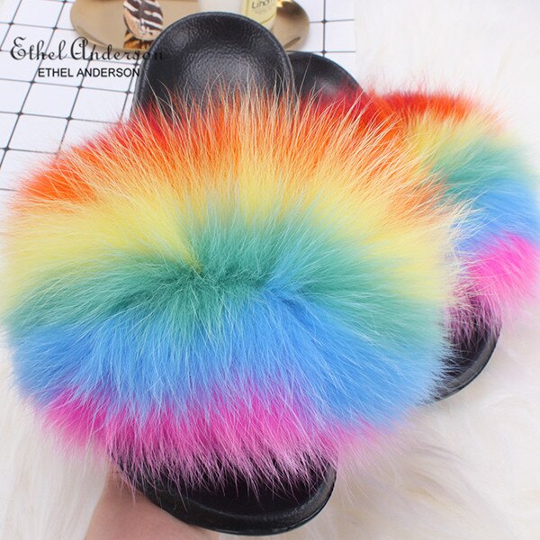 ETHEL ANDERSON 2020 Real Fox Raccoon Fur Slippers Slides Lady Retro Summer Newest Flip Flops Casual Fluffy Fur Sandals  Shoes