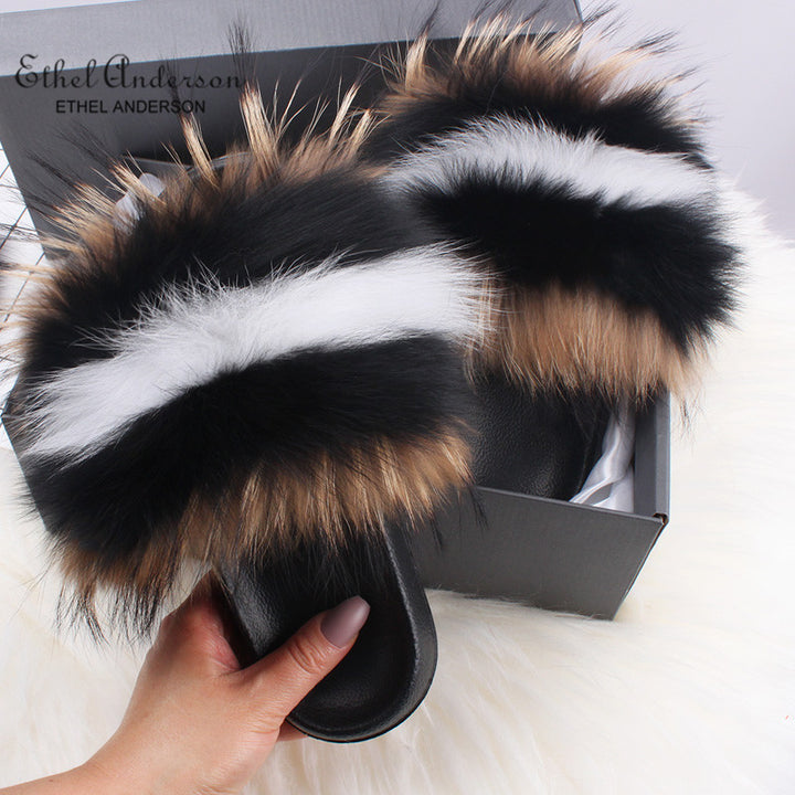 ETHEL ANDERSON 2020 Real Fox Raccoon Fur Slippers Slides Lady Retro Summer Newest Flip Flops Casual Fluffy Fur Sandals  Shoes