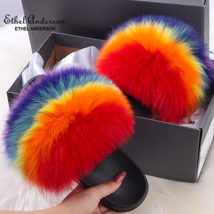ETHEL ANDERSON 2020 Real Fox Raccoon Fur Slippers Slides Lady Retro Summer Newest Flip Flops Casual Fluffy Fur Sandals  Shoes