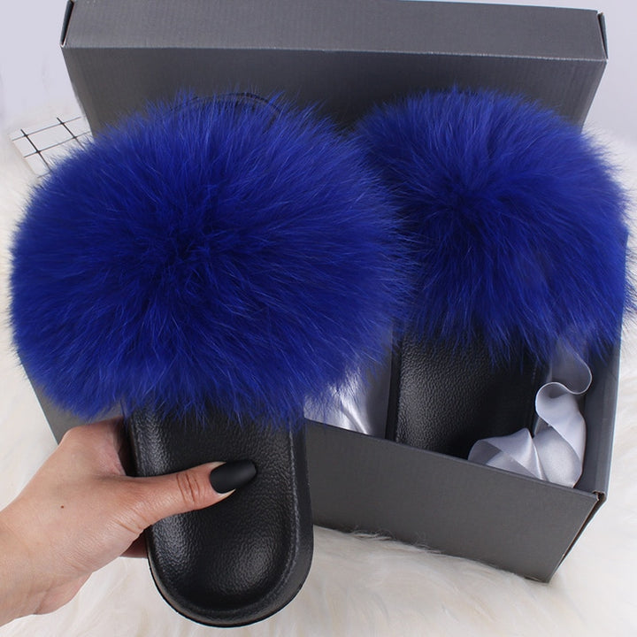 ETHEL ANDERSON 2020 Real Fox Raccoon Fur Slippers Slides Lady Retro Summer Newest Flip Flops Casual Fluffy Fur Sandals  Shoes