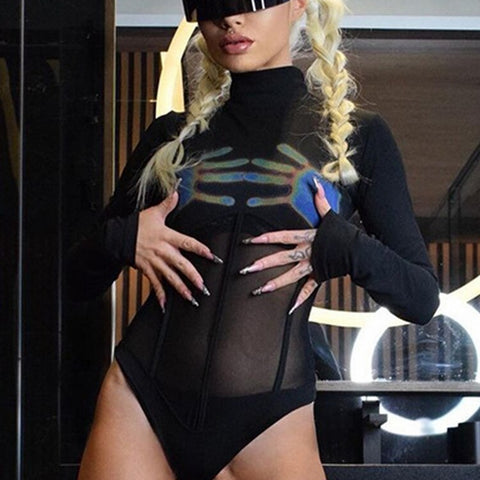 See Through Black Long Sleeve Bodysuit
