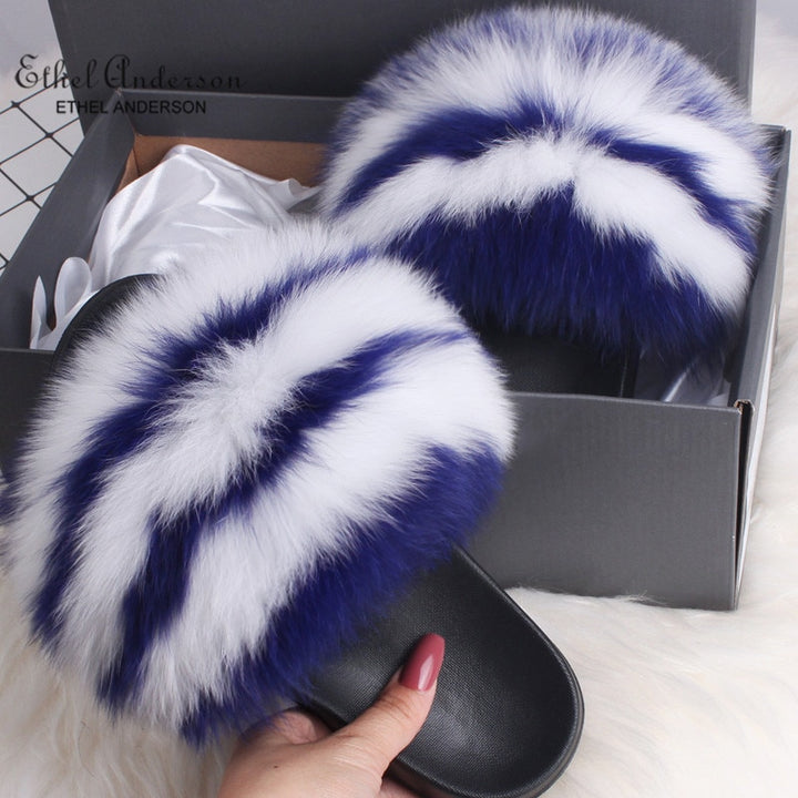 ETHEL ANDERSON 2020 Real Fox Raccoon Fur Slippers Slides Lady Retro Summer Newest Flip Flops Casual Fluffy Fur Sandals  Shoes