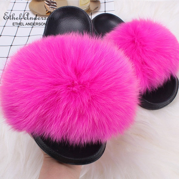 ETHEL ANDERSON 2020 Real Fox Raccoon Fur Slippers Slides Lady Retro Summer Newest Flip Flops Casual Fluffy Fur Sandals  Shoes