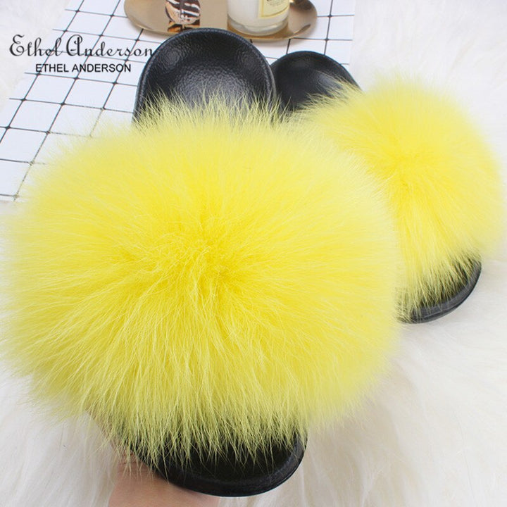ETHEL ANDERSON 2020 Real Fox Raccoon Fur Slippers Slides Lady Retro Summer Newest Flip Flops Casual Fluffy Fur Sandals  Shoes