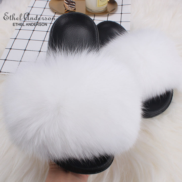 ETHEL ANDERSON 2020 Real Fox Raccoon Fur Slippers Slides Lady Retro Summer Newest Flip Flops Casual Fluffy Fur Sandals  Shoes