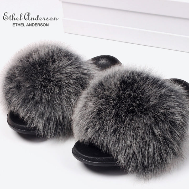 ETHEL ANDERSON 2020 Real Fox Raccoon Fur Slippers Slides Lady Retro Summer Newest Flip Flops Casual Fluffy Fur Sandals  Shoes