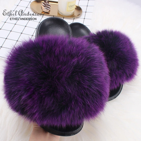 ETHEL ANDERSON 2020 Real Fox Raccoon Fur Slippers Slides Lady Retro Summer Newest Flip Flops Casual Fluffy Fur Sandals  Shoes