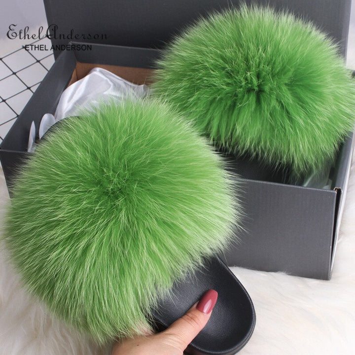 ETHEL ANDERSON 2020 Real Fox Raccoon Fur Slippers Slides Lady Retro Summer Newest Flip Flops Casual Fluffy Fur Sandals  Shoes